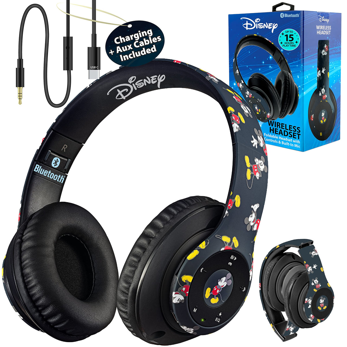 Disney Mickey Mouse Bluetooth Headphones Over Ear Wireless and Wired Foldable Headset Built-in Microphone - Birthday Gift Adults Kids - Audifonos Auriculares Inalambricos