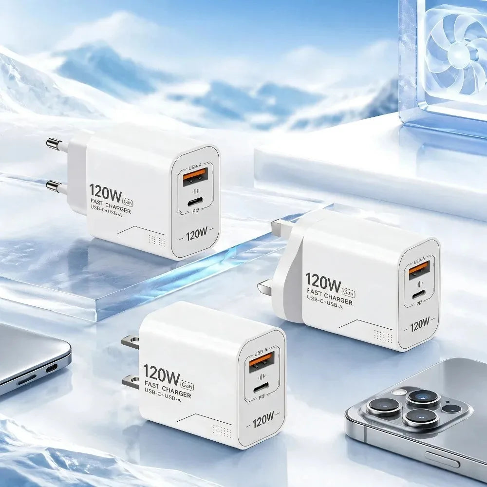 120W Dual USB-C GaN Wall Charger – High-Speed Fast Charging